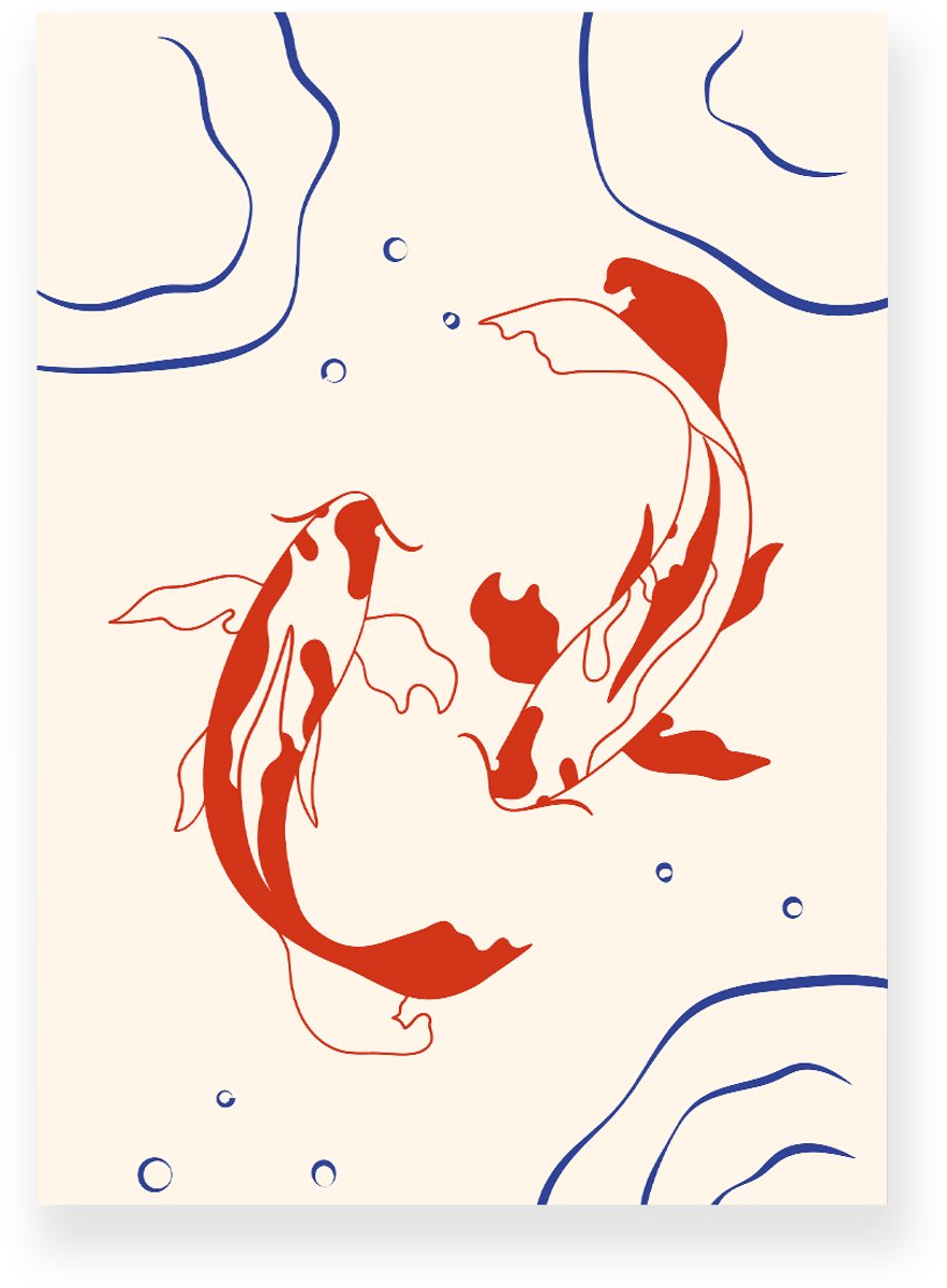 Yisual Poster 20x30 cm - Koi Vissen - Water - Beige - Oranjerood - Minimalistisch - Botanisch - Muurdecoratie - Wanddecoratie