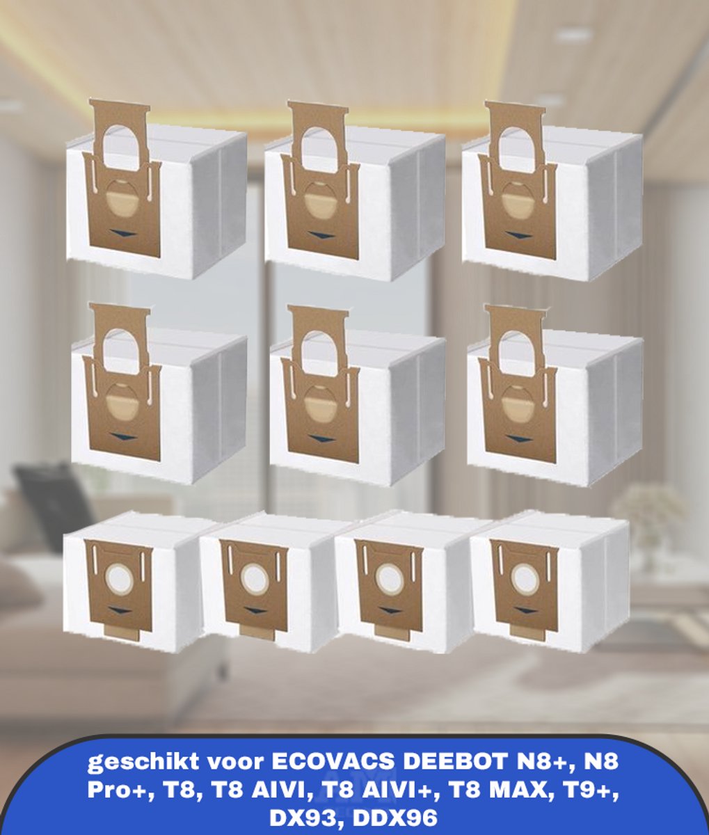 Set van 10 stofzakken geschikt voor ECOVACS DEEBOT N8+, N8 Pro+, T8, T8 AIVI, T8 AIVI+, T8 MAX, T9+, DX93, DDX96 en yeedi vac station. Ideaal als reserveonderdelen voor stofzuigers.