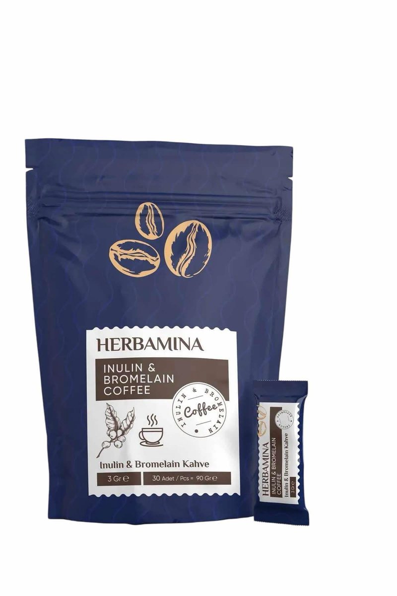 Goedkoopste Herbamina Koffie Coffee Inuline (Hindiba)(Cichoreiwortelvezel) & Bromelaïne Koffie herbamina Detox Afvallen 3gr x 30 stuks - 90gr