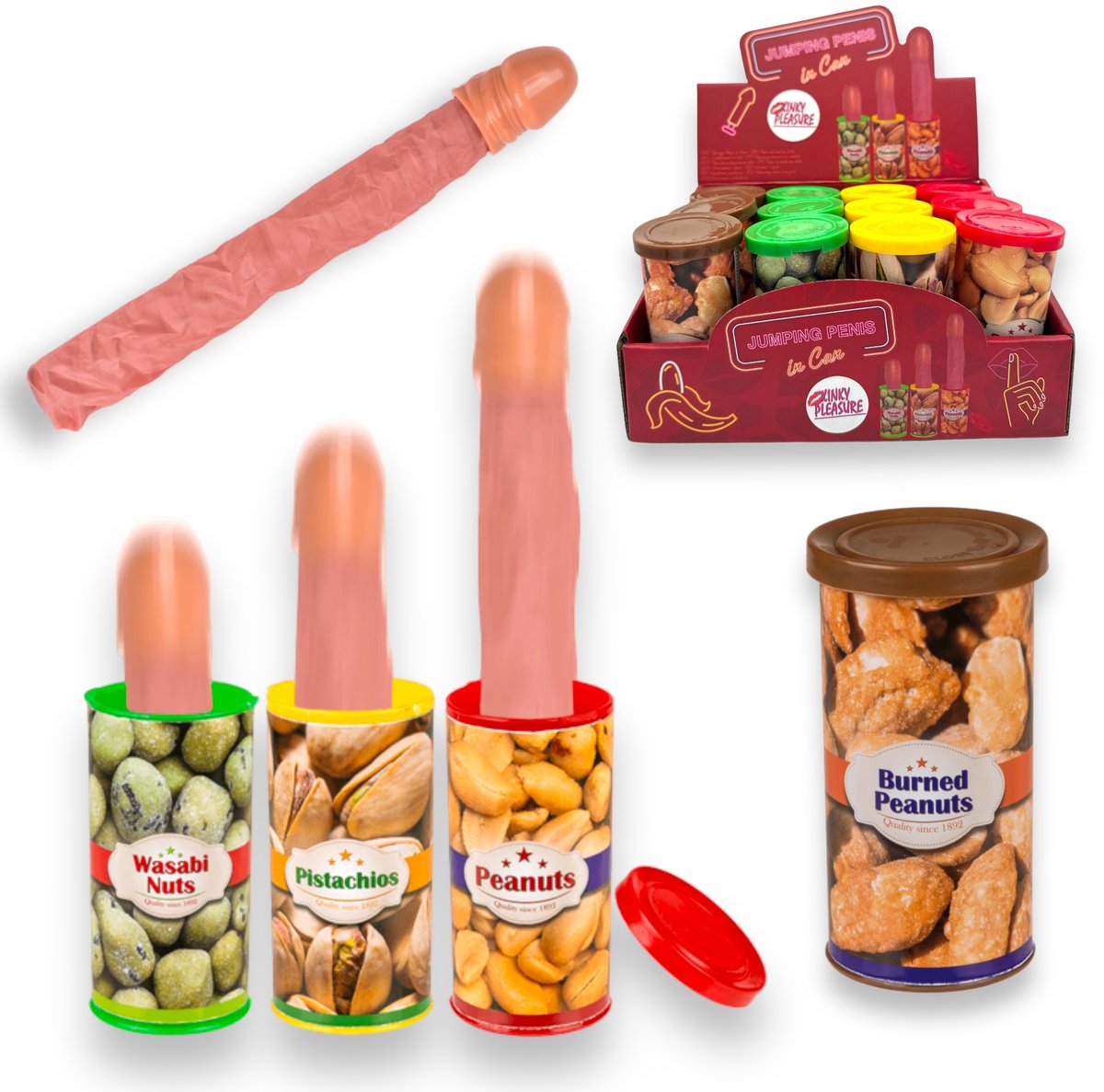 Fop Cadeau Spring Penis In Blik - Jumping Penis in Can – Display 12 Stuks - Verrassende Gag Gift!