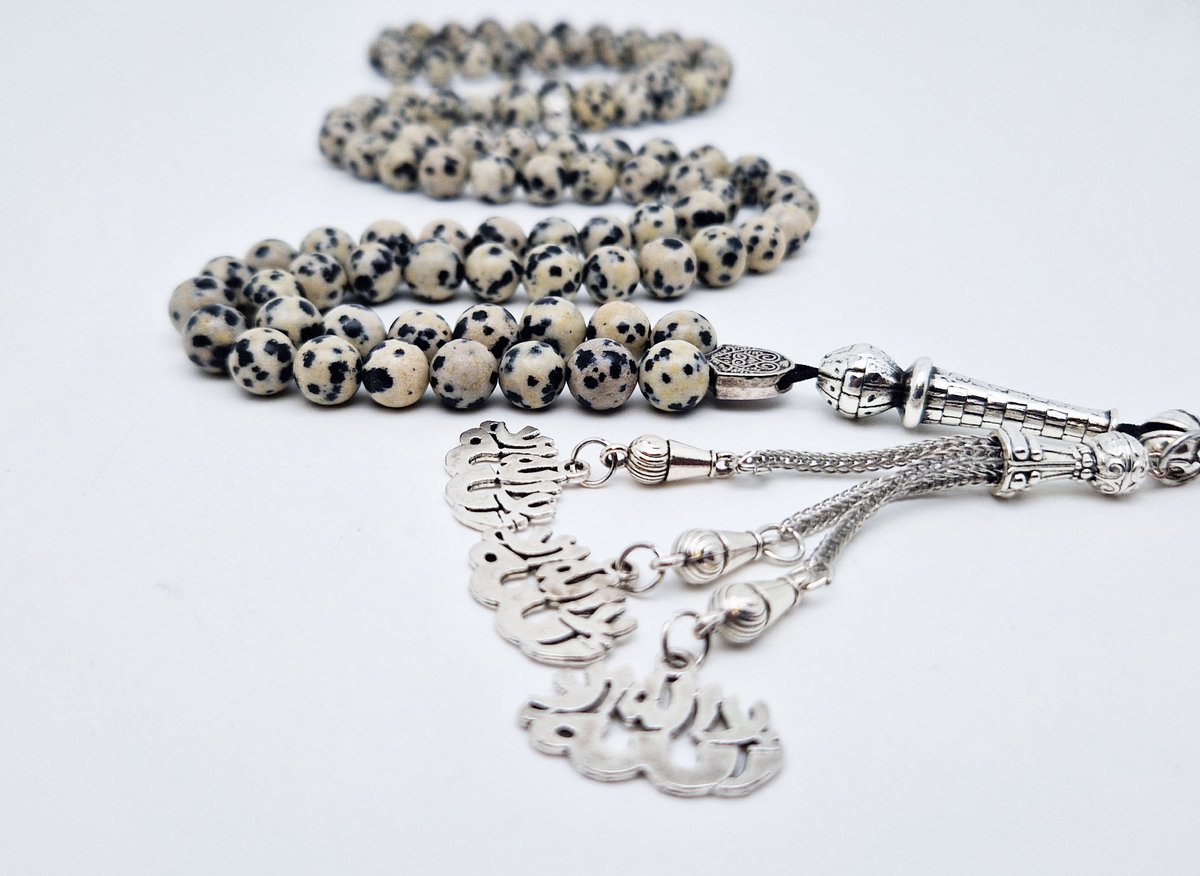 Handgemaakte tesbih "Tasbih" natuursteen " Jasper Dalmatin" - Aantal kralen 99 - Diameter kralen 8MM - met metaal tassel "La alih ala allah" - Een mooi cadeau-idee