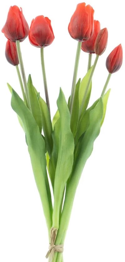 Bouquet de tulipes artificielles Bellatio Design Sally - 7 pièces - rouge - toucher réaliste - 47 cm