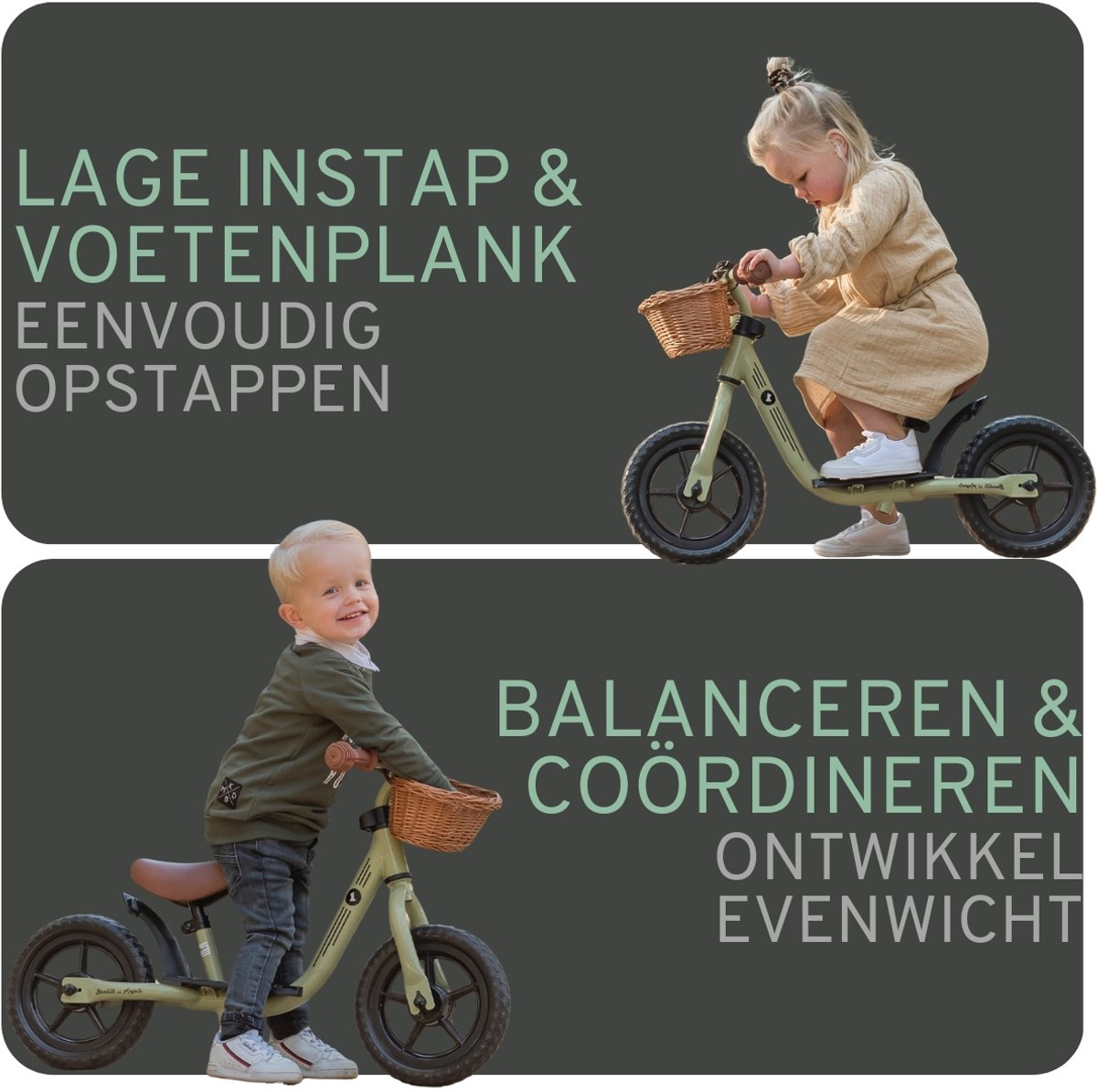 Bandits & Angels Metalen Loopfiets Met Mandje Starter Groen met Voetenplank vanaf 2 Jaar - Limited Edition - Vintage Groene Loop Fiets - Verstelbaar Zadel 29 tot 39 cm - Voor Jongens en Meisjes - Compact en Veilig - Lage Instap met Voetenplank — afbeelding 4