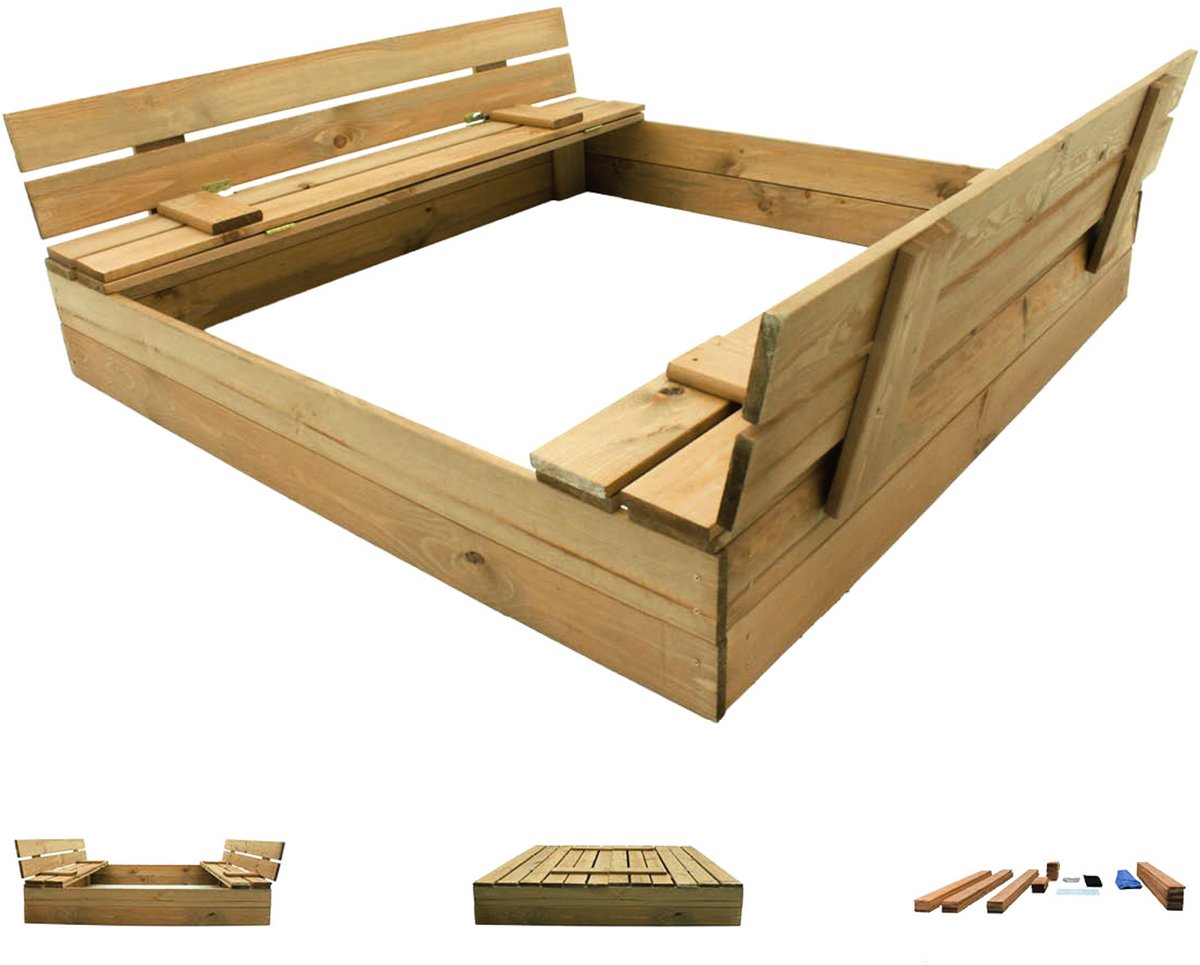Muntel® Zandbak - Met Banken - Incl. Dekzeil & Gronddoek - Geïmpregneerd Hout - Montage Video - 120 x 120 CM — afbeelding 6