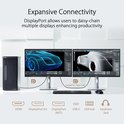 Twee ASUS ProArt monitoren naast elkaar, verbonden via DisplayPort daisy-chain. Iconen tonen verschillende aansluitingen.