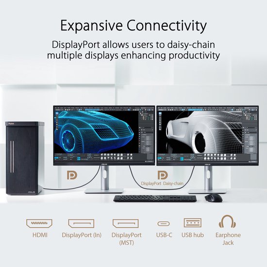 Twee ASUS ProArt monitoren naast elkaar, verbonden via DisplayPort daisy-chain. Iconen tonen verschillende aansluitingen.