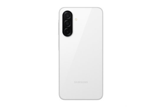 Witte Samsung smartphone, van achteren getoond, met een verticale drievoudige camera-opstelling.
