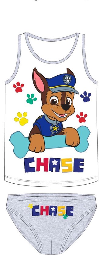 Wit hemdje met Chase van Paw Patrol en blauwe onderbroek met "CHASE" opdruk.