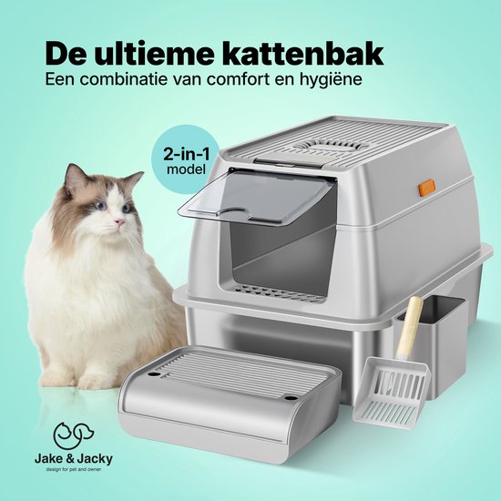 Jake and Jacky RVS Kattenbak - Kattentoilet Roestvrijstaal - Incl. Kattenbakschep met Houder en Gritopvang Opstapje - 2 in 1 Open Kattenbak met Afneembare Deksel - 60x40x38cm - Grijs