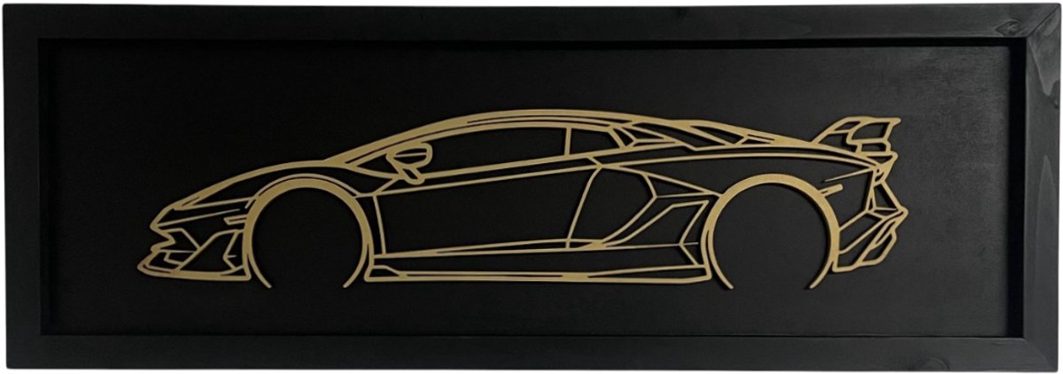 Lamborghini - wanddecoratie Lamborghini Aventador - houten wandbord met omlijsting - mancave - schilderij Lamborghini line art - 80x28cm - wanddecoratie auto hout