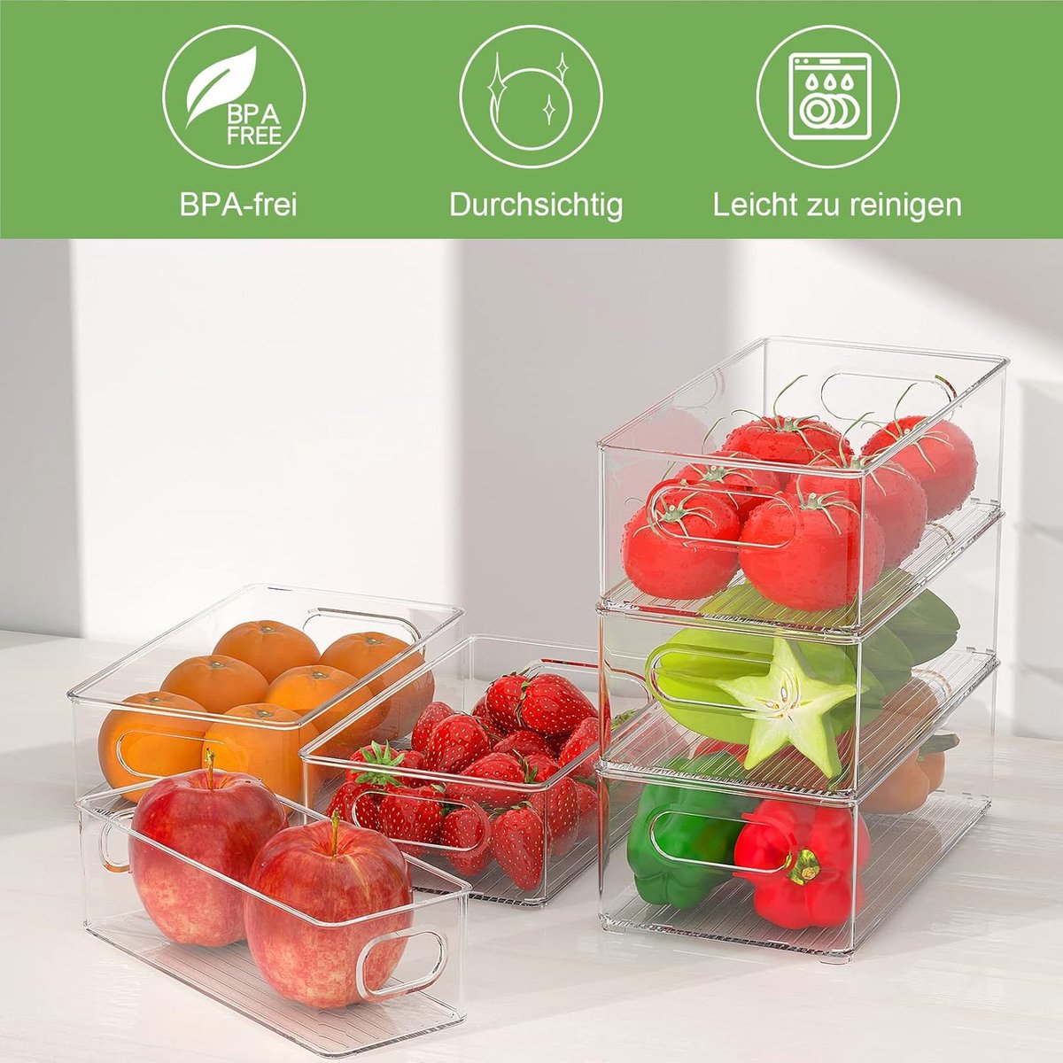 Candala Koelkastorganizer, set van 12 (4 klein, 4 medium, 4 groot), stapelbare koelkastcontainer, doorzichtige opbergdoos voor keuken, eetkamer, kasten, spoelbakken, badkamer, BPA-vrij