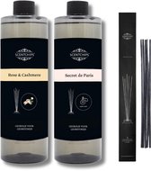 Navulling rose & cashmere + secret de paris + geurstokjes - Geurstokjes Navulling Set van 2 + 5 Geurstokjes - Geurverspreider - Luchtverfrisser - Huisparfum - 400ml x 2