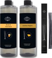 Navulling Musk Vers Hout + arabian nights + Geurstokjes - Geurstokjes Navulling Set van 2 + 5 Geurstokjes - Geurverspreider - Luchtverfrisser - Huisparfum - 400ml x 2