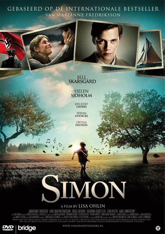 Filmposter voor 'Simon' met Bill Skarsgård en Helen Sjöholm. Centraal een jongen die wegrent, met foto's van acteurs en een zeilboot.