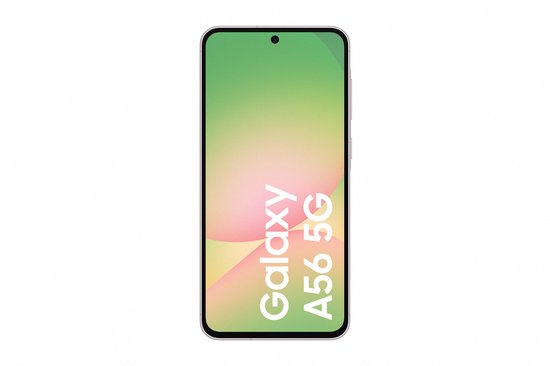 Lichtroze Samsung Galaxy A56 5G met scherm dat de tekst "Galaxy A56 5G" toont.