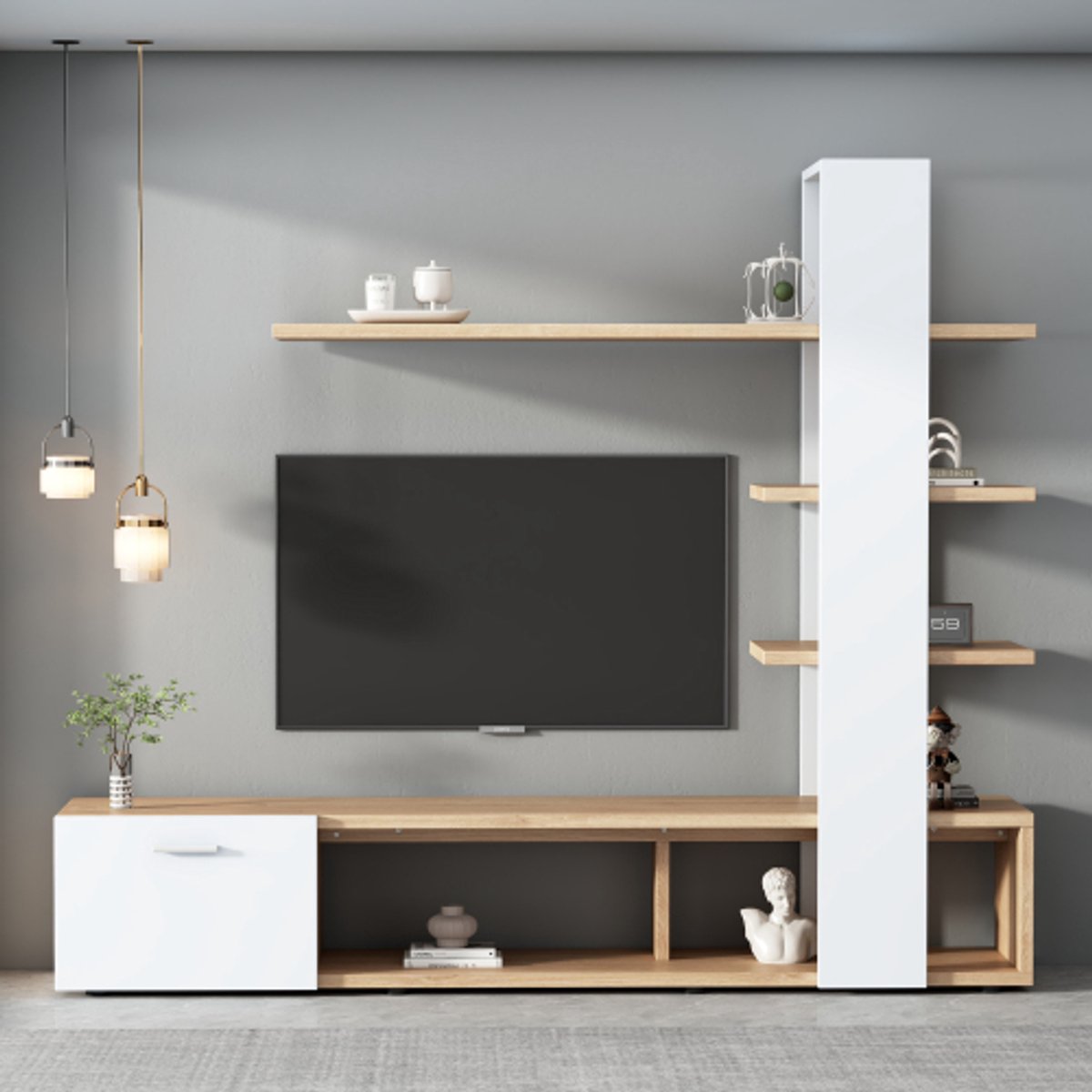 Home woonkamer wandkast, woonkamer meubels set 180 x 33,5 x 151,5 cm, geschikt voor tv's minder dan 60 inch, moderne eiken witte tv -kast, lowboard, tv -wandunit set, woonkamer meubels set