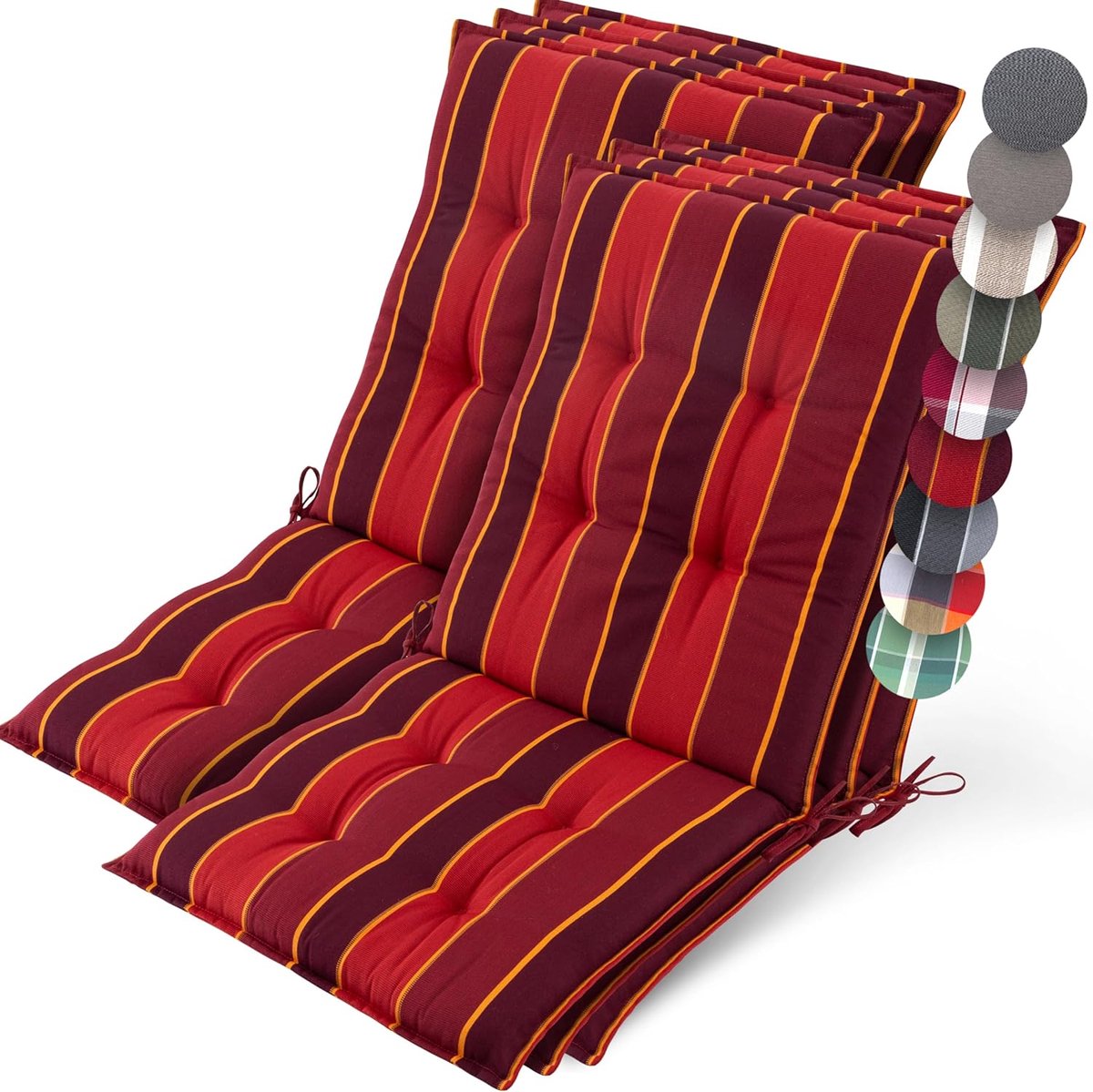Beautissu Sun-NL – Set van 6 Premium Lage Rugleuning Kussen 100x50 cm - UV-bestendig & 8cm Dik Kussen Tuinstoelkussen Antislip Bevestigingsbanden – Stevige Stof Rood Gestreept