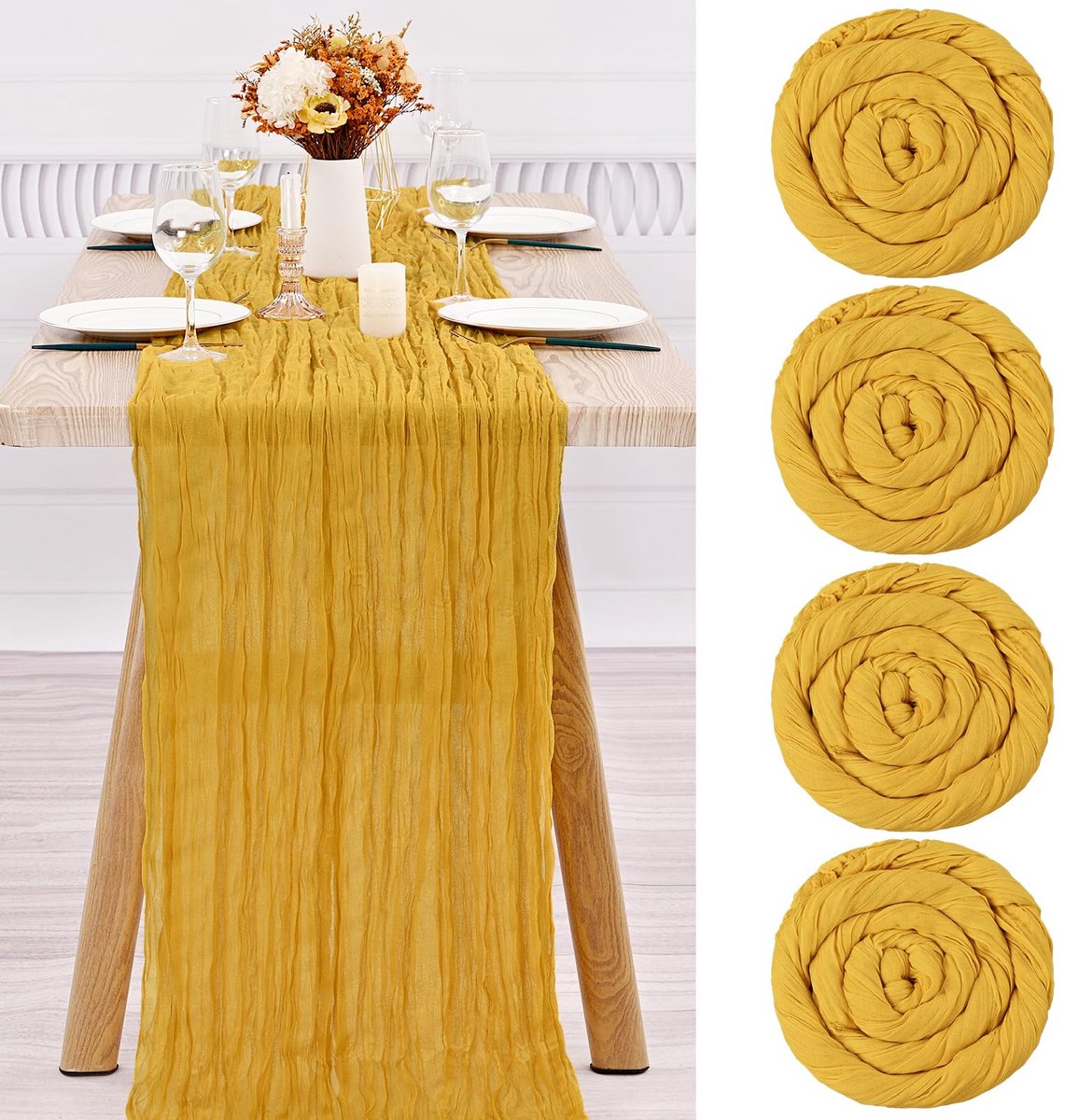 My Ninki ® Tijdloze Boho Tafelloper Set van 4 in Mosterdgeel voor Feestelijke Gelegenheden en Decoratie