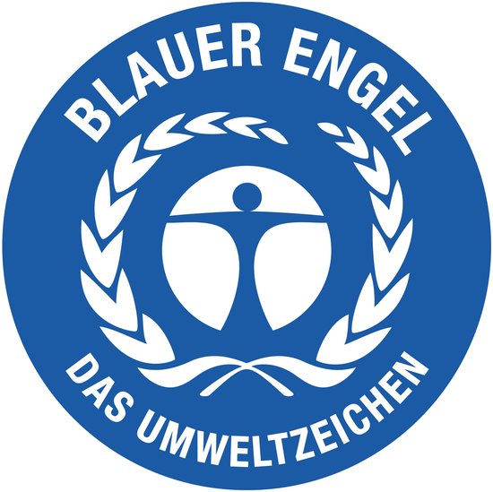 Blauw logo 'Blauer Engel Das Umweltzeichen' met gestileerd figuur en lauwerkrans.