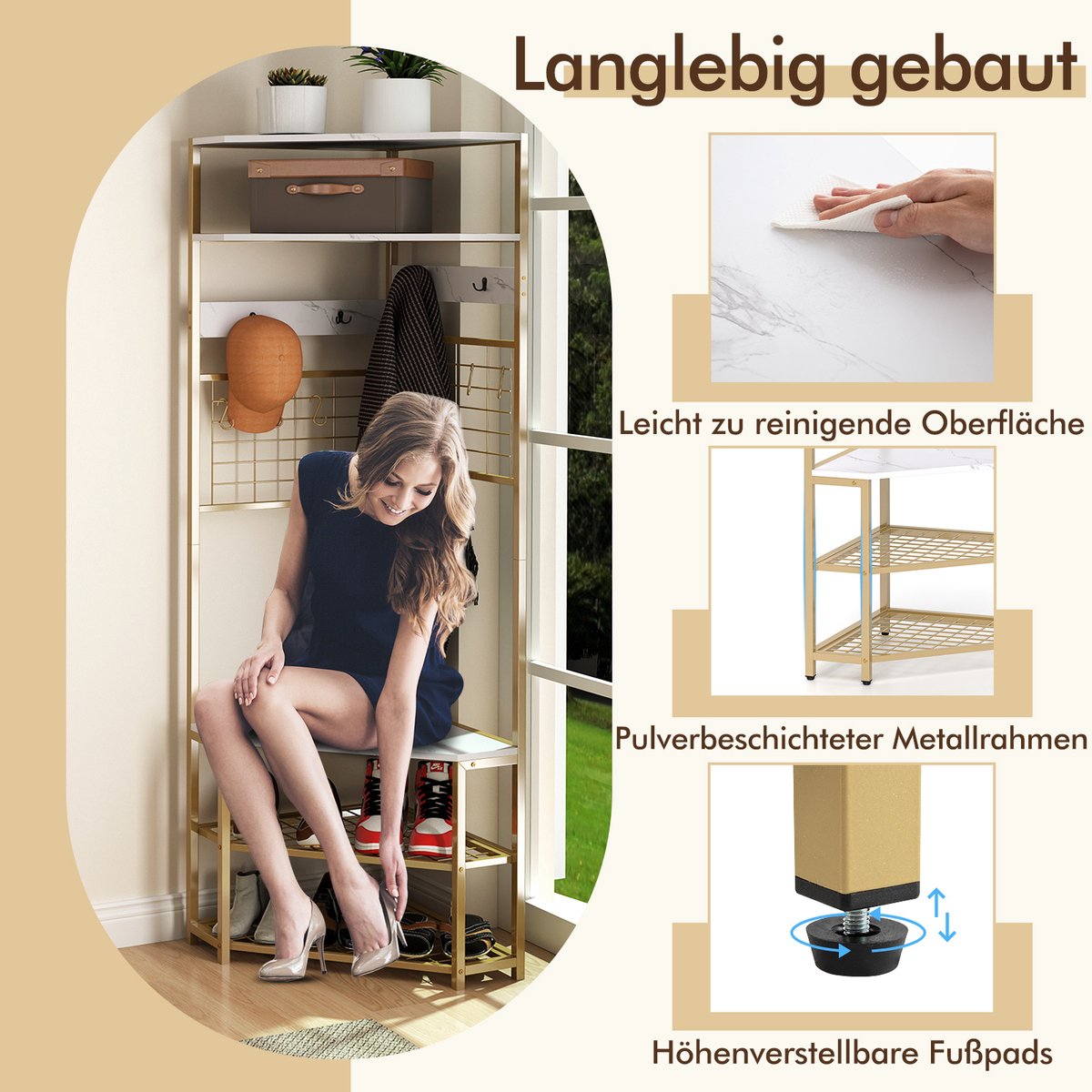 COSTWAY 180 cm kapstok hoek, 3-in-1 kledingrek & zitbank & schoenenrek, incl. 12 haken, opbergrek, garderobe voor hal, woonkamer, slaapkamer – foto 7