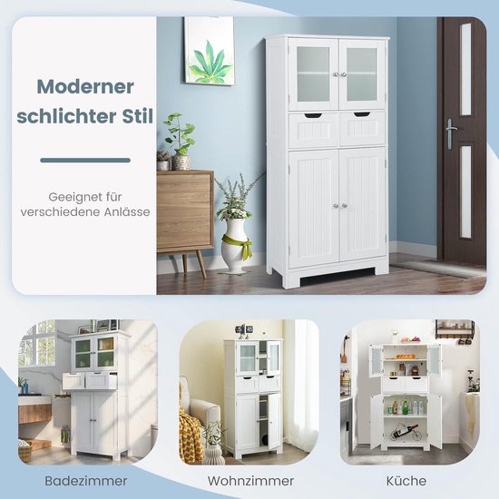 COSTWAY Badkamerkast met 2 laden en 4 deuren, badkamerkast met verstelbare planken, opbergkast voor badkamer, keuken, woonkamer (wit)