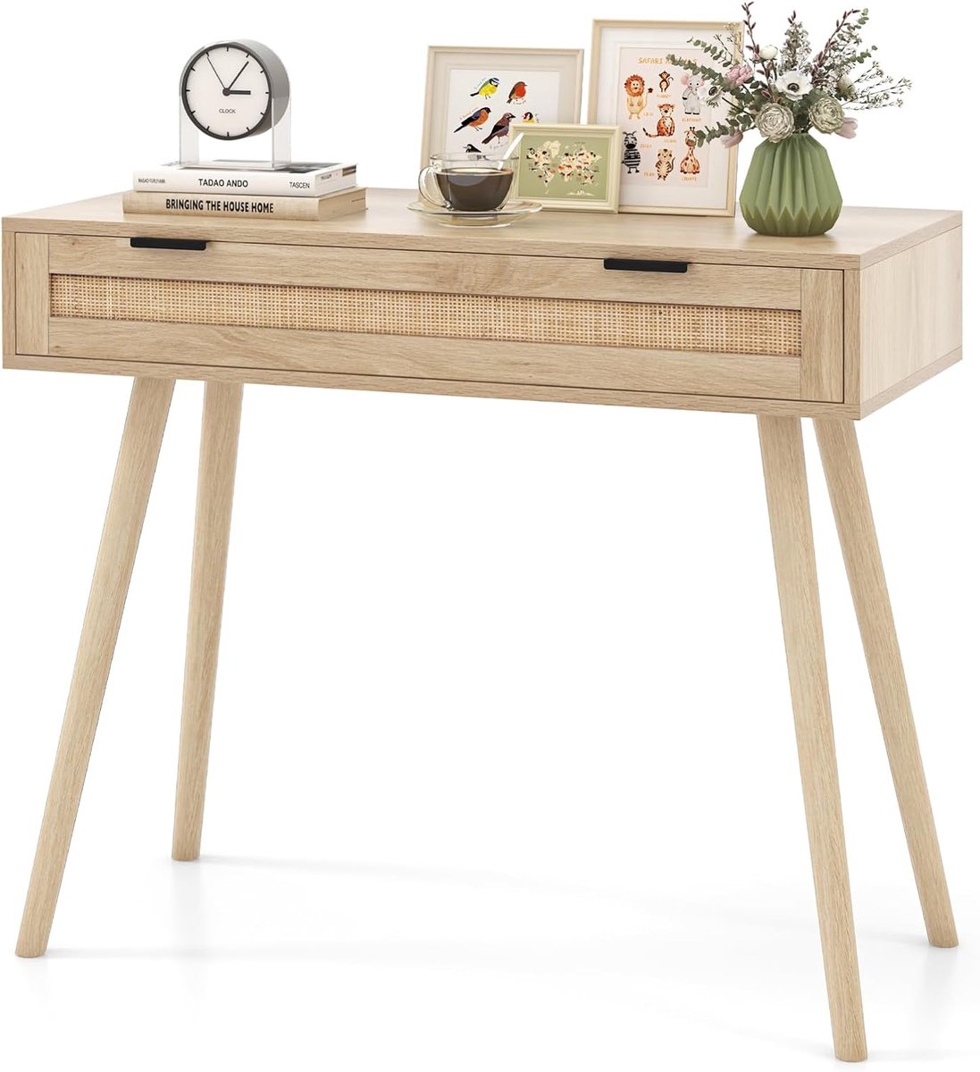 COSTWAY Consoletafel rotan, entreetafel van hout met lade, gangtafel in boho-stijl, bijzettafel voor hal, woonkamer, 88 x 40 x 77 cm, naturel