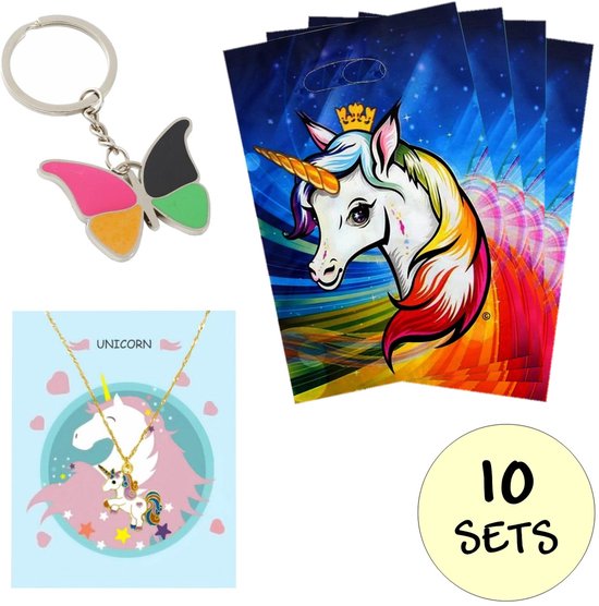 Set van 10 traktaties met eenhoorn- en vlinderontwerp. Inclusief sleutelhanger, ketting en 4 uitdeelzakjes met eenhoorn.