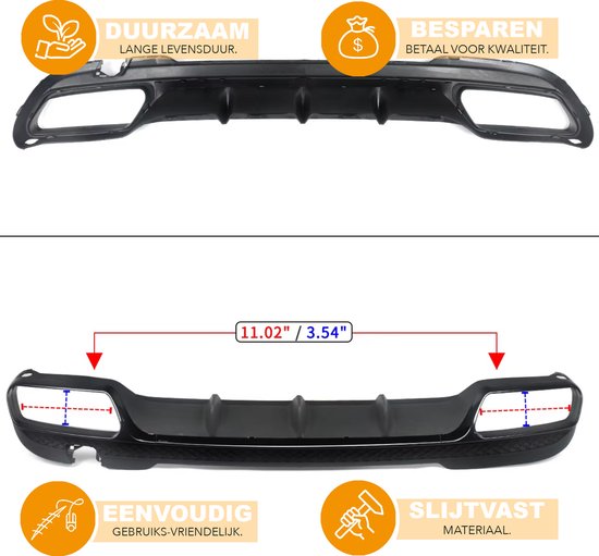 Zwarte achterbumper diffuser met informatie over afmetingen en duurzaamheid.