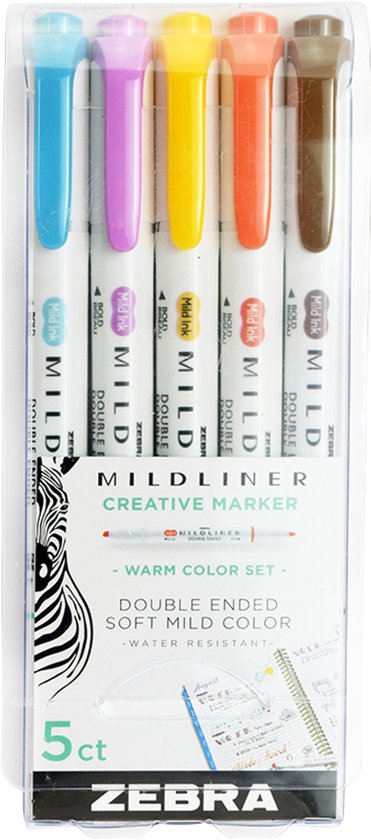 Zebra Mildliner Warm Color Set – Creative marker – Twinmarker – Tekstmarker – Brede + ronde punt – 5 stuks