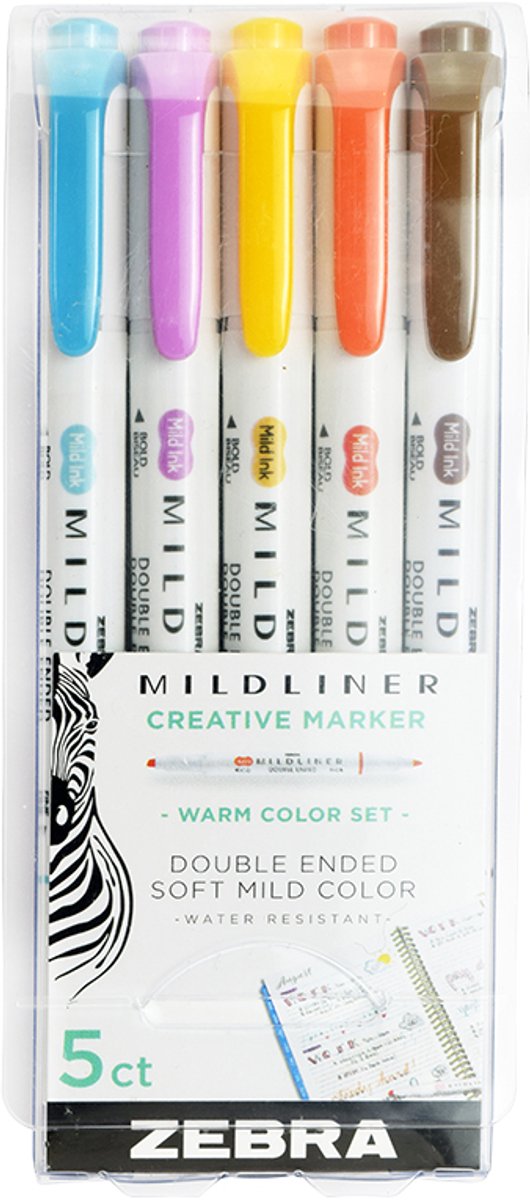 Zebra Mildliner Warm Color Set – Creative marker – Twinmarker – Tekstmarker – Brede + ronde punt – 5 stuks