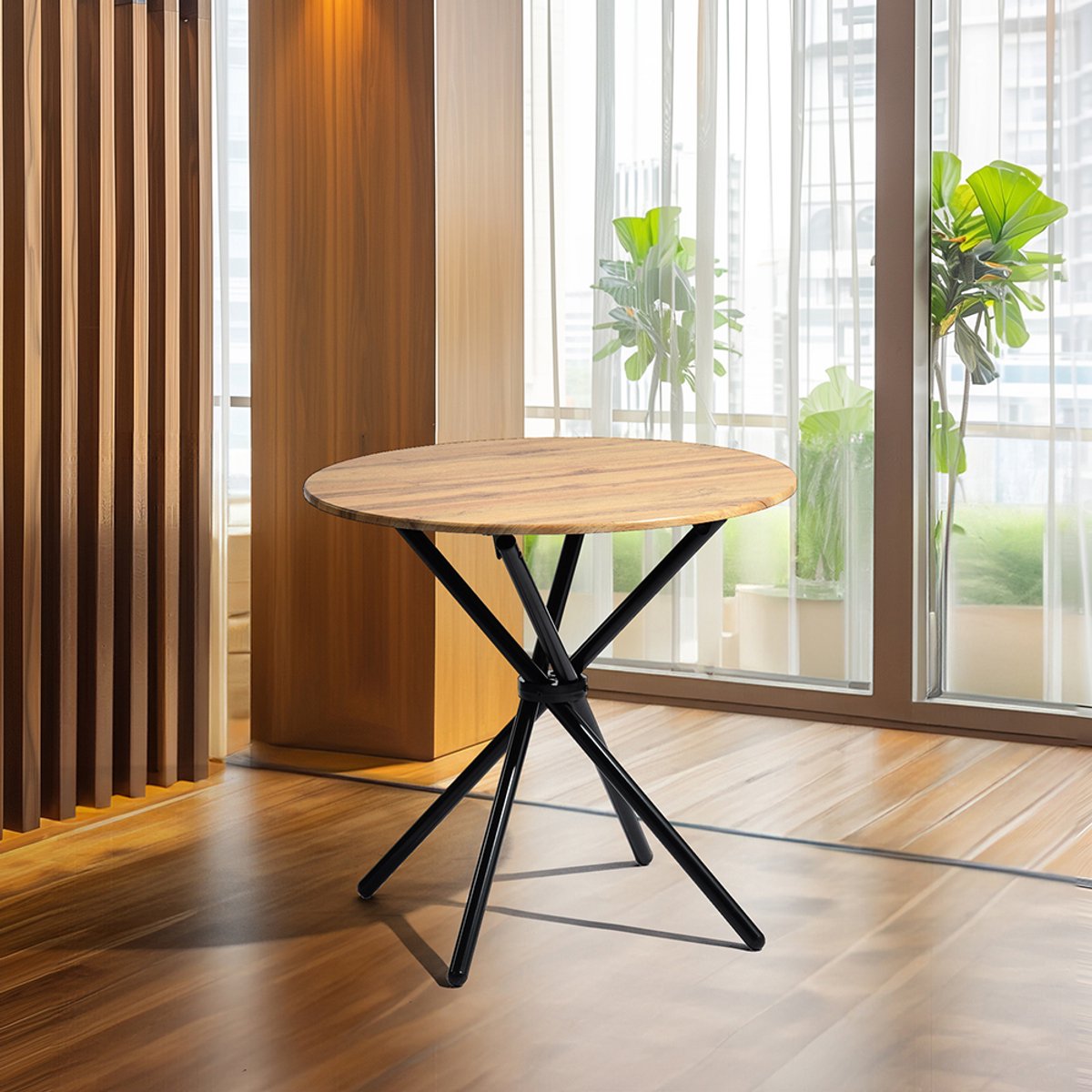 Sweiko Ronde Eettafel - 80*80cm - Houten graan tafelblad - Gekruiste metalen poten - Bruin