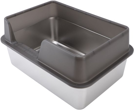RVS Kattenbak - Grote Open Kattenbak met Hoge Randen - Spatbestendig & Diep - Inclusief Kattenbakschep - Zwart - 50x35x25cm