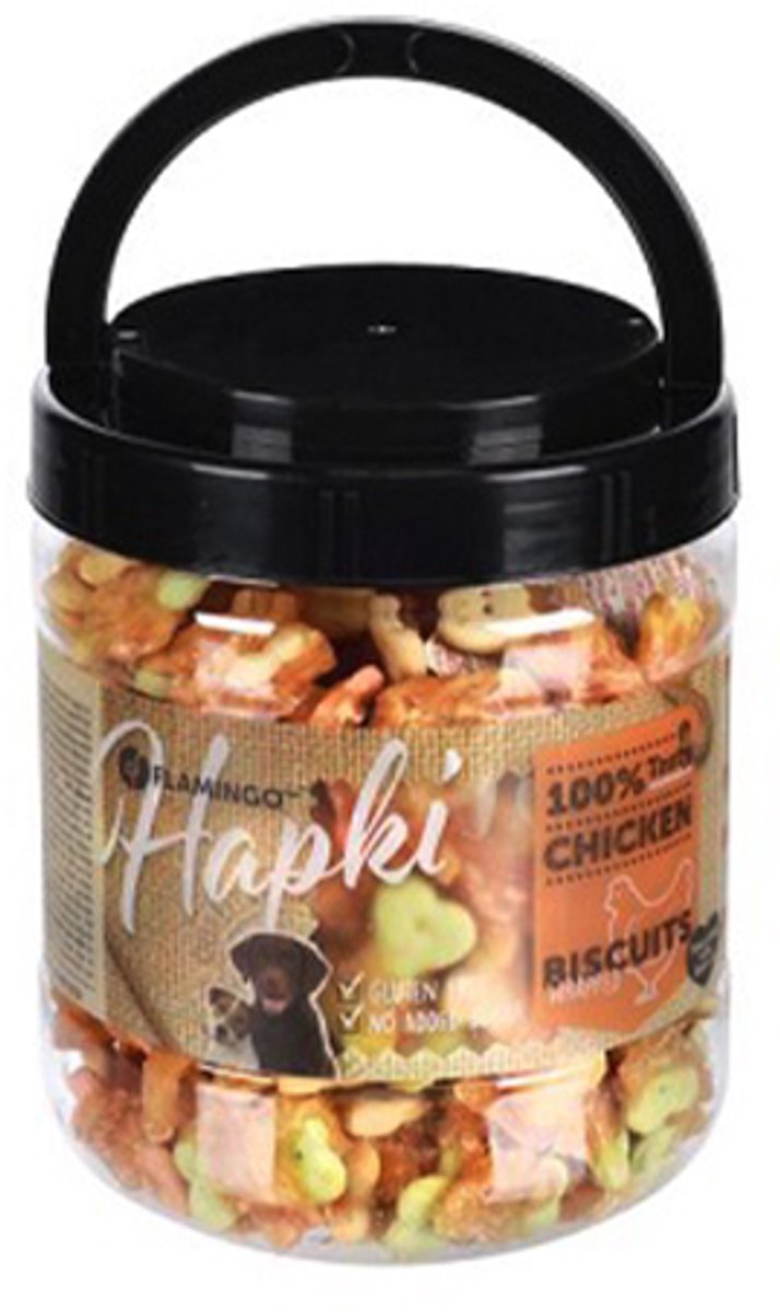 Flamingo hapki chicken biscuit 550 gr in handige pot – glutenvrij – geen toegevoegde suikers ** + ** zakje chicken and rice 85 gr Flamingo hapki chicken biscuit 550 gr in handige pot – glutenvrij – geen toegevoegde suikers ** + ** zakje chicken and rice 85 gr