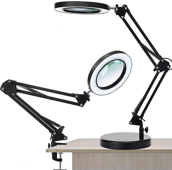 LotaHome - Loeplamp met LED Verlichting - Vergrootglas Loep - 10 x Vergroting - Buigbare Loeplamp - Staande Tafellamp - Bureaulamp - Flexibele Arm - Inclusief Standaard en Klem - Diamond Painting, Borduren, Solderen, Lezen - Met Adapter - Zwart
