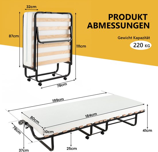 LIFEZEAL Opklapbed voor volwassenen, 190 x 80 x 33 cm, met matras van traagschuim, opvouwbaar, metalen frame, logeerbed voor eenpersoonsbed met 4 wielen, 15 houten latten, belasting 130 kg, blauw