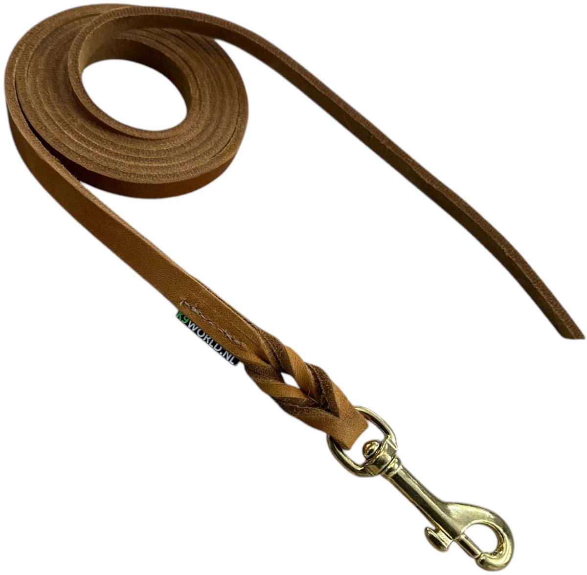 K9 World, honden riem, cognac bruin leder, zonder handvat, 12 mm breed, 2 meter lang, messing musketon