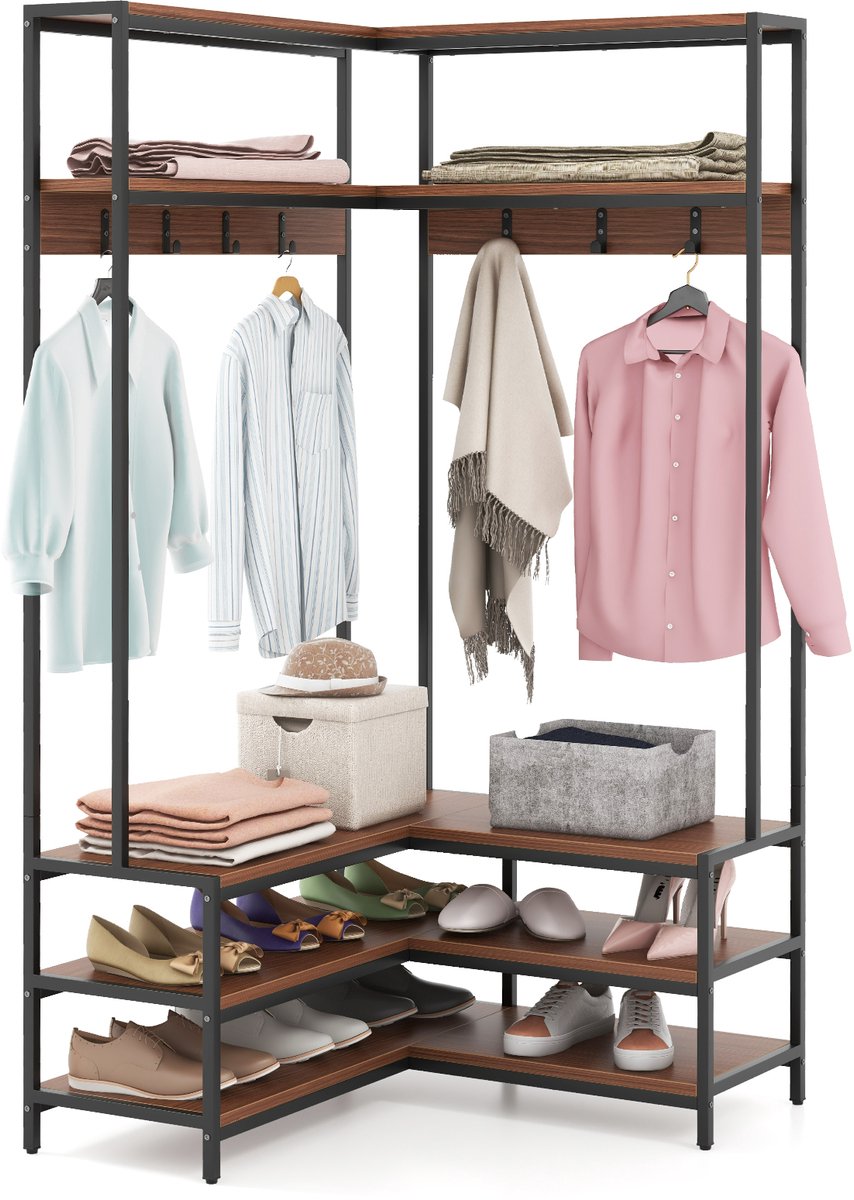 COSTWAY Hoekkapstok met zitbank, L-vormige kledingstandaard met open planken en 7 haken, garderobe, halgarderobe voor hal en slaapkamer, 90 x 90 x 178 cm