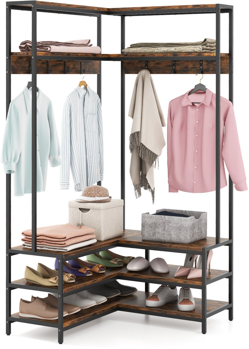 COSTWAY Hoekkapstok met zitbank, L-vormige kledingstandaard met open planken en 7 haken, garderobe, halgarderobe voor hal en slaapkamer, 90 x 90 x 178 cm