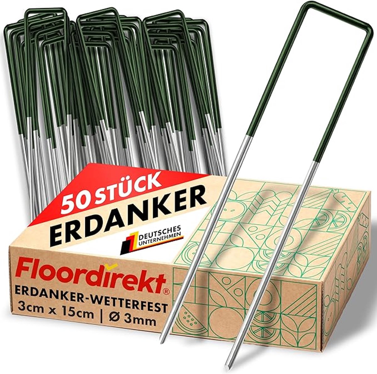 FLOORDIREKT Grondanker Haringen voor Kunstgras - Stabiele & Corrosiebestendige - Voor Kunstgras, Onkruidvlies, Schutting, Tent, Camping & Tuin - Gemaakt van Ijzerdraad - U-Vorm - 50 stuks - 15 x 3 cm