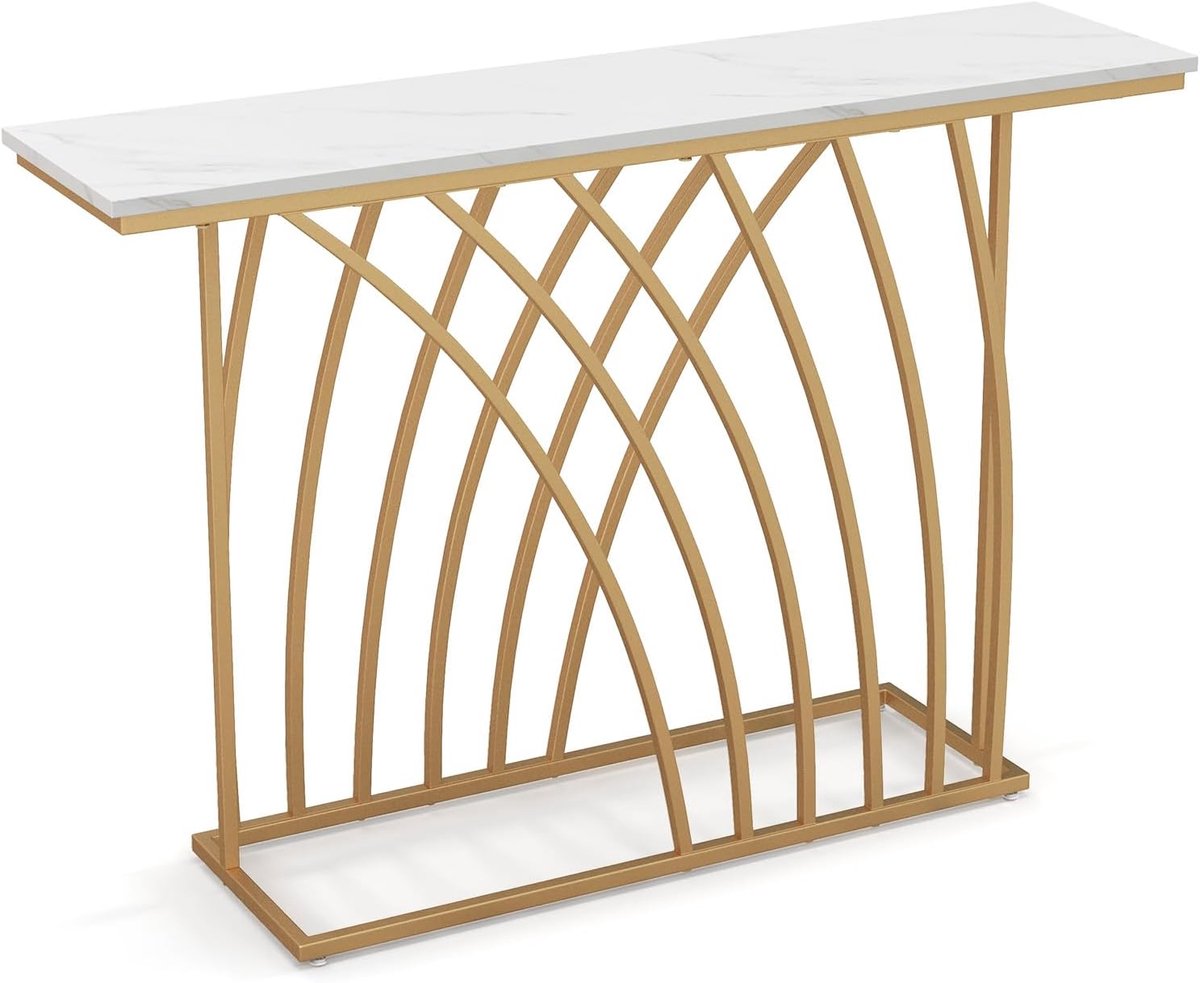 COSTWAY Consoletafel, smal, haltafel, marmerlook, bijzettafel met geometrisch metalen frame, modern 120 x 30 x 80 cm, voor woonkamer, hal, entrée