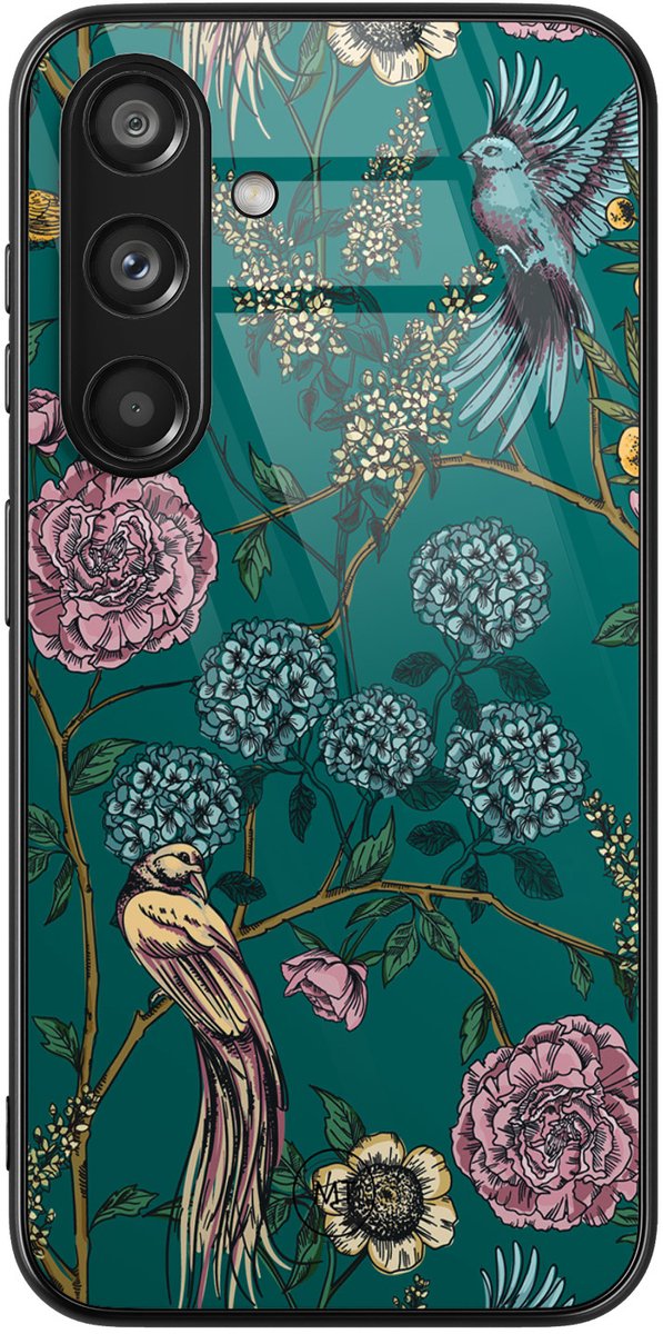 Hoesje geschikt voor Samsung Galaxy S24 - Vogels Japanse bloemen - Hard Case Zwart Back Cover - Print - Groen - Mooie Telefoonhoesjes