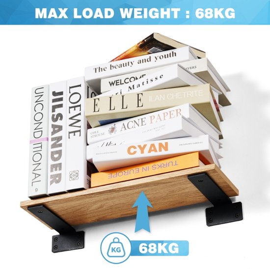 Installation d'une étagère en bois avec deux supports de tablette noirs, chargée de livres. Charge maximale 68kg.