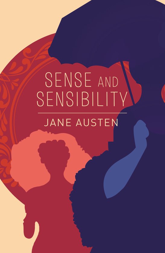 Boekomslag van Sense and Sensibility door Jane Austen met silhouetten van vrouwen in rood en donkerblauw op crèmekleur.