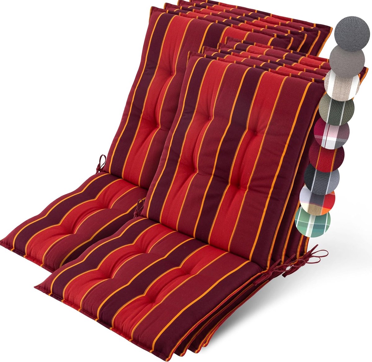 Beautissu Sun-NL – Set van 8 Premium Lage Rugleuning Kussen 100x50 cm - UV-bestendig & 8cm Dik Kussen Tuinstoelkussen Antislip Bevestigingsbanden – Stevige Stof Rood Gestreept
