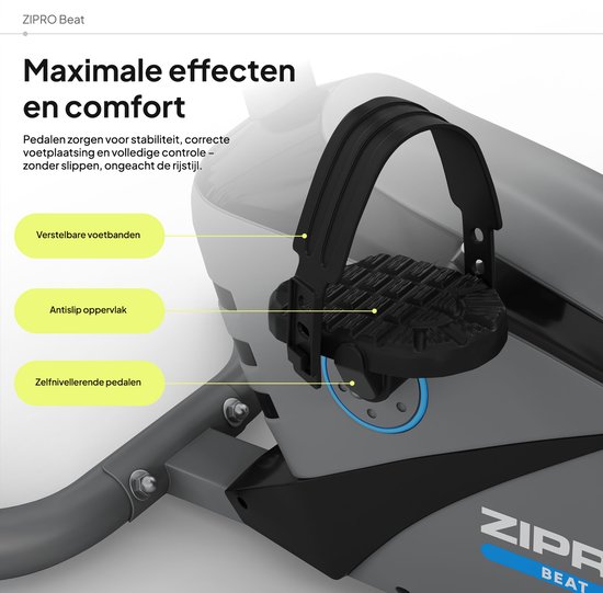 Close-up van de pedalen van een hometrainer, met tekst over verstelbare voetbanden en antislip oppervlak.