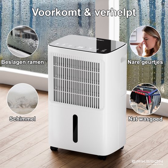 Erikssøn Luchtontvochtiger Dry Pro Plus - Ontvochtigt Tot 16 Liter Per Dag - Was-droog Functie - Geschikt Voor Huis, Slaapkamer , Badkamer , Woonkamer En Kelder - Dehumidifier - vochtvreters voor in huis - Wit