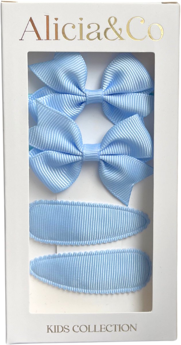 Alicia&Co - Classic Bow Set - Blue Bird - Set van 2 haarclips en 2 haarelastiekjes - cadeau - kraamcadeau - haarelastiekjes zonder metaal - haarspelden & clips - haarelastiekjes baby - haarelastiekjes kind - haarspeldjes kind - haarspeldjes baby