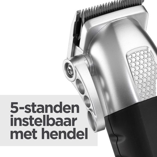 Zilveren tondeuse met 5-standen instelbare hendel en honingraat textuur. Tekst: 5-standen instelbaar met hendel.