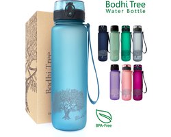 Bodhi Tree® Motivatie Waterfles 1 Liter - Motiverende Drinkfles Volwassenen - Tijdmarkeringen Nederlands - 100% Lekvrij - BPA vrij - Fruit Filter - Transparant Blauw