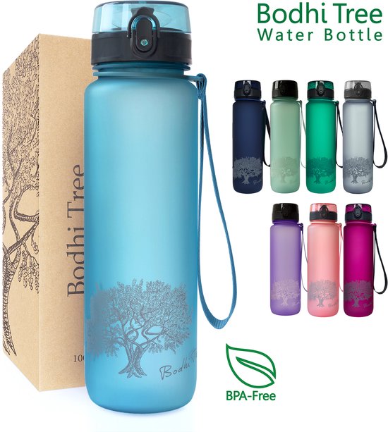 Bodhi Tree® Motivatie Waterfles 1 Liter - Motiverende Drinkfles Volwassenen - Tijdmarkeringen Nederlands - 100% Lekvrij - BPA vrij - Fruit Filter - Transparant Blauw